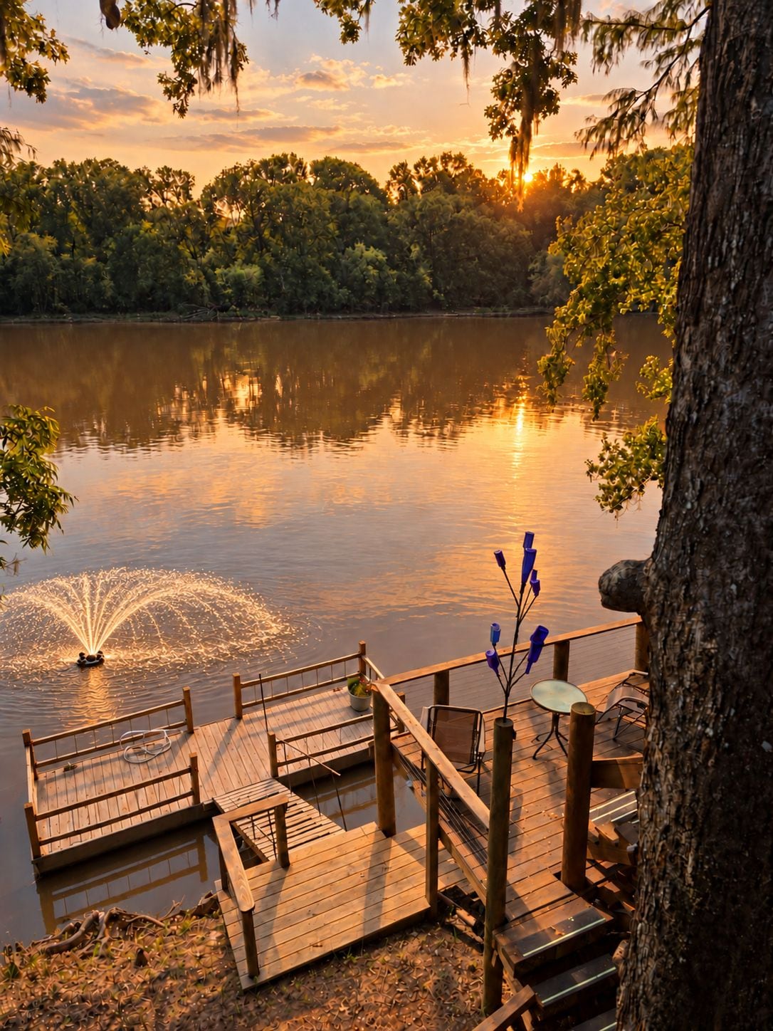 A wooden dock extending into a calm lake with a fountain, surrounded by trees and a sunset.