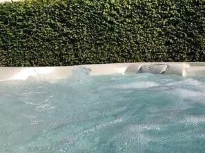 A hot tub with water splashing, surrounded by a hedge. - Lontargos Upper Floor Apartment (Goehren-Lebbin)