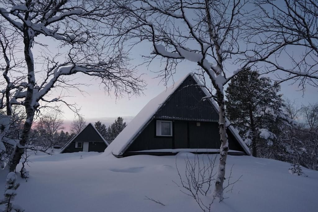 Una cabaña cubierta de nieve con techo triangular, rodeada de árboles y un cielo despejado.