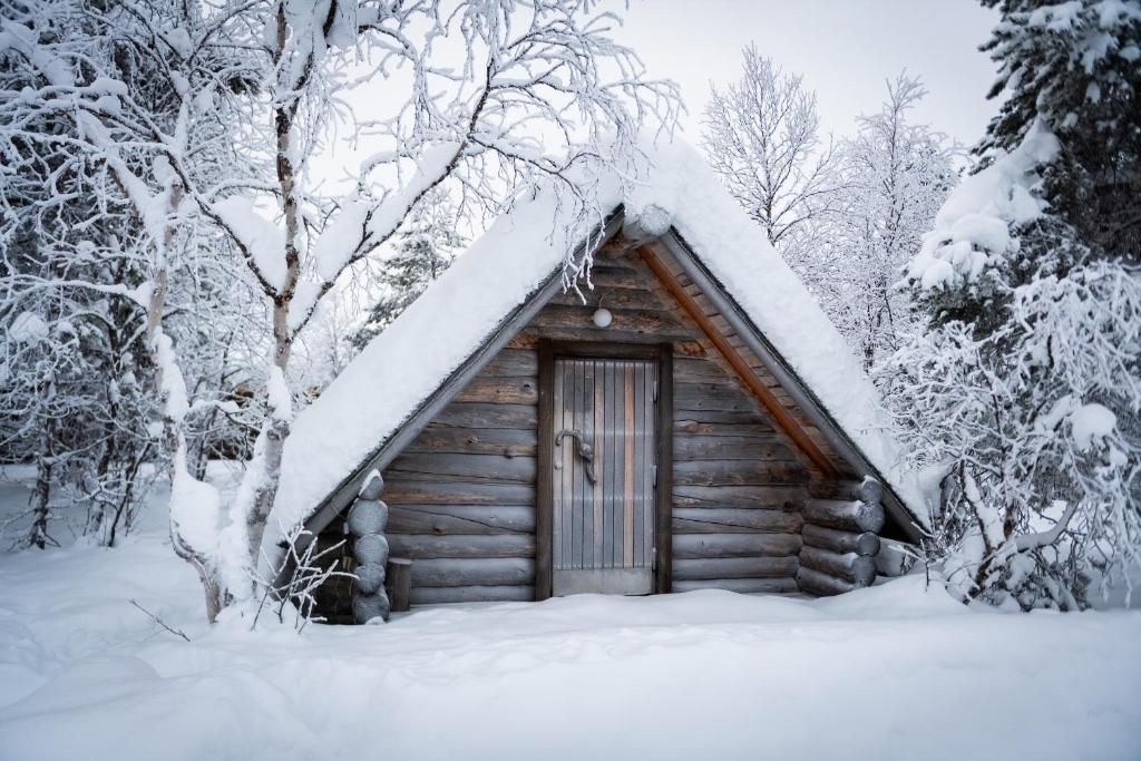 Una cabaña de troncos con techo nevado y puerta de madera, rodeada de árboles cubiertos de nieve.
