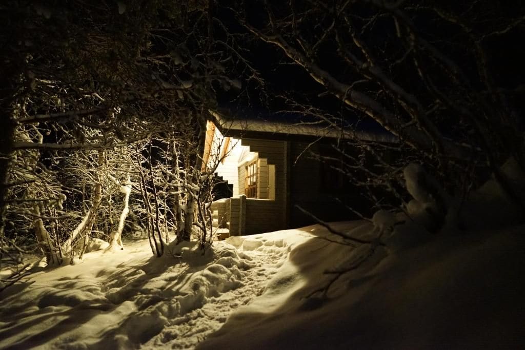 Schneebedeckte Landschaft, ein Gebäude ist teilweise von Bäumen verdeckt.