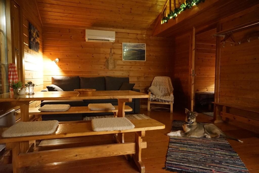 Een gezellig houten interieur met een houten bank, een bankstel en een hond.