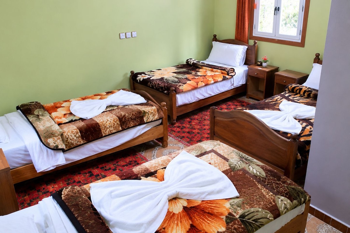 A hotel room with two single beds, a nightstand, a bedside table, and a window with curtains.
