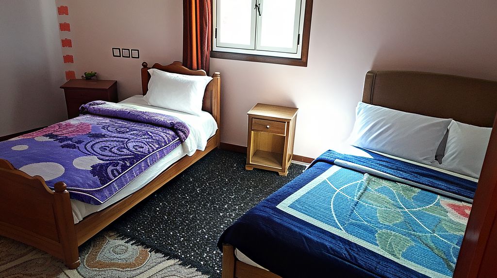 Un dormitorio con dos camas, una mesita de noche, una pequeña mesa y una ventana.