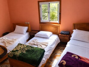 A room with two single beds, a window with a view of greenery, a wooden headboard, and a small bedside table with a lamp. - MAISON D'HOTES ANISSA HOTEL & RESTAURANT (Tinghir)