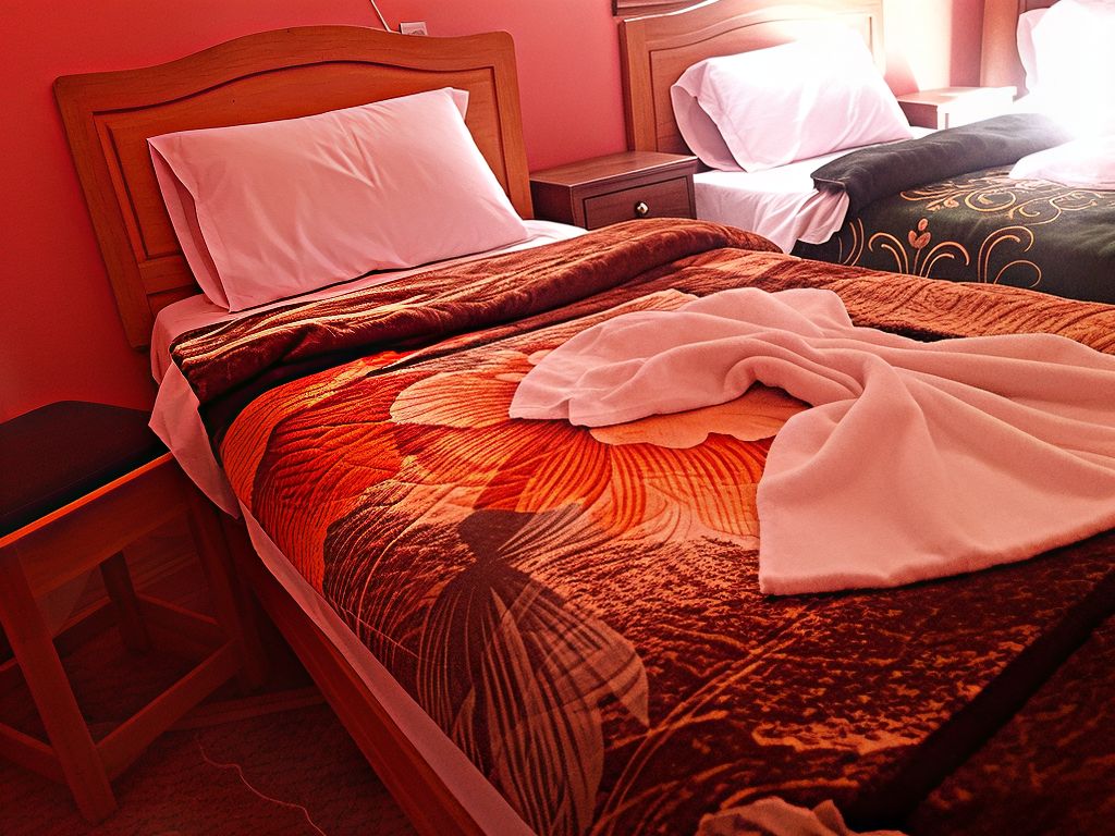 Habitación de hotel con estructura de cama de madera, colcha grande con estampado de hojas y mesita de noche con lámpara.
