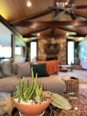 A cactus plant in a terracotta pot on a table, a sofa with cushions, a ceiling fan, and a stone wall with a decorative plate. - Spiritual Retreat on 12-Acres in Travelers Rest - Sauna, Cold Plunge, Hottub (Travelers Rest)