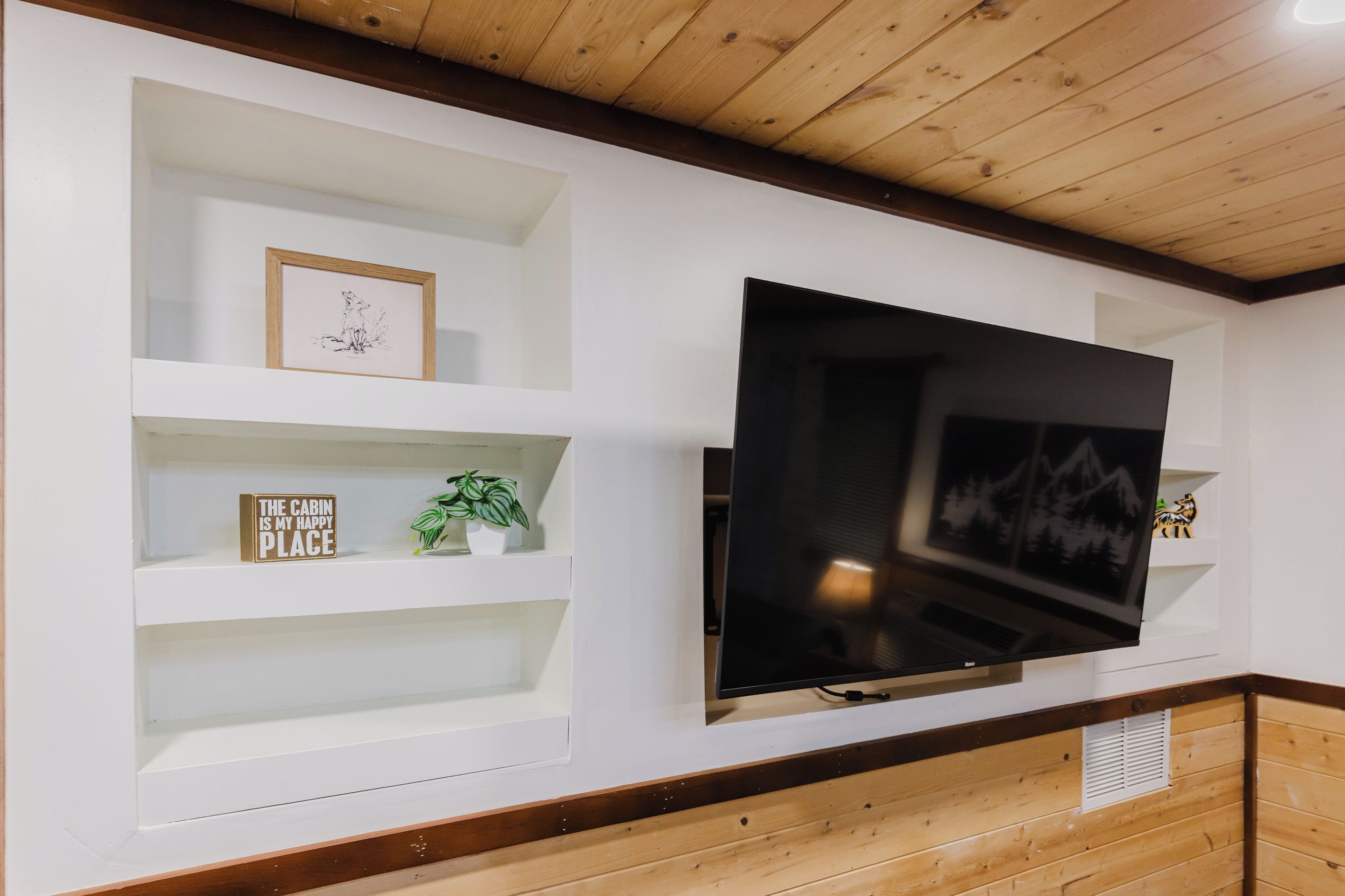A wall-mounted TV with built-in shelving, a framed picture, and a potted plant.