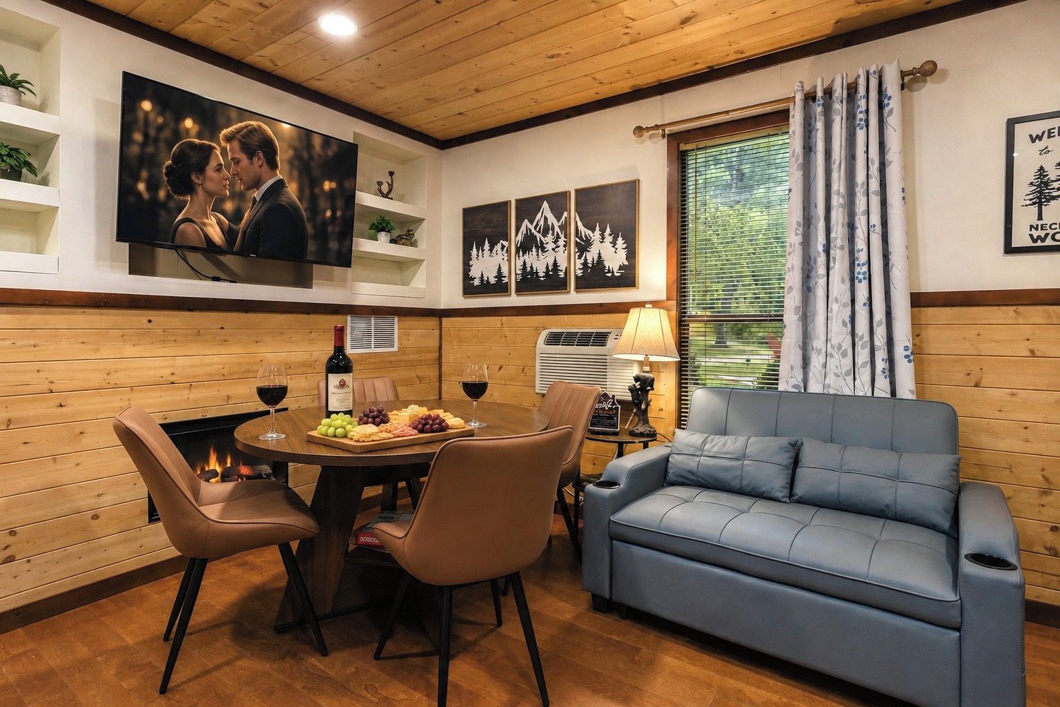 A cozy room with a wooden interior, a dining table with chairs, a blue sofa, a fireplace, and a television mounted on the wall.