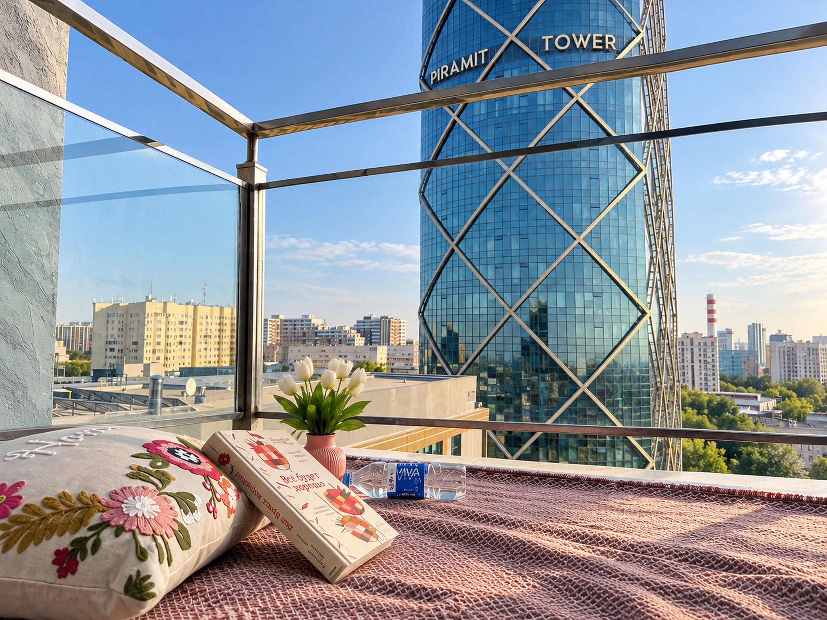 A balcony with a view of a tall building labeled 'PIRAMIT TOWER' and a cityscape in the background.