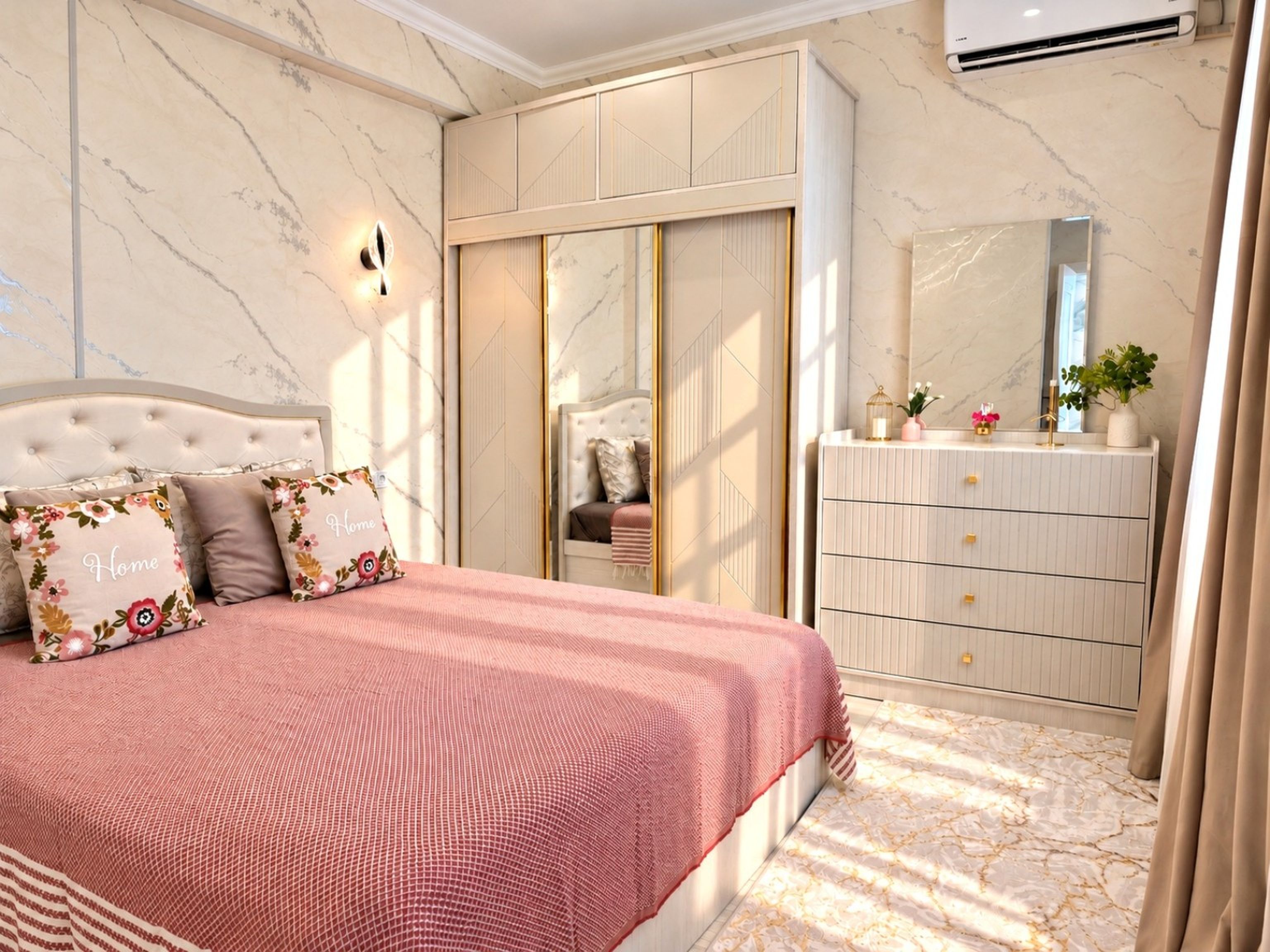 Une chambre à coucher avec un lit, une commode, un miroir et une armoire.