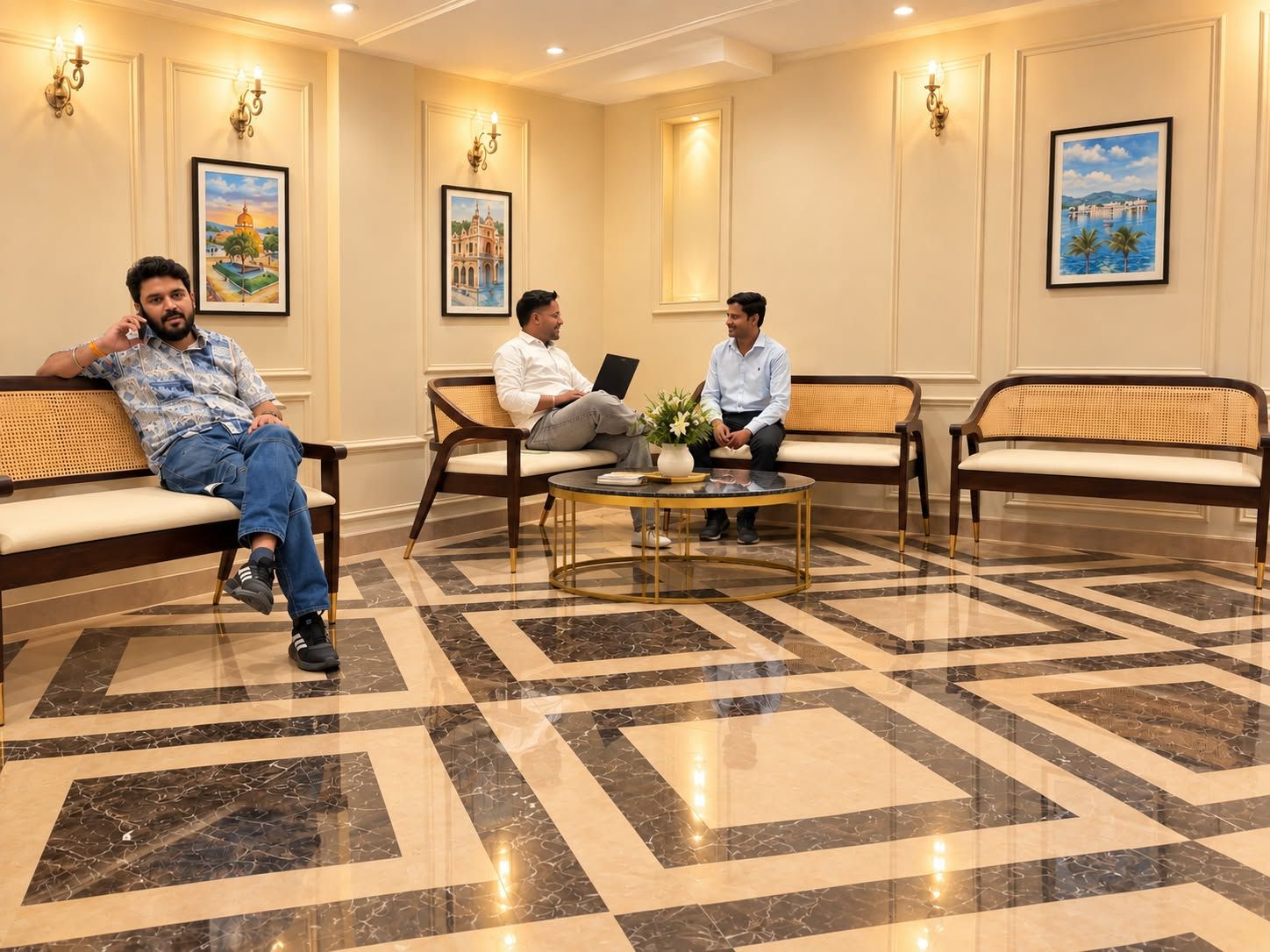 A lobby with three sofas, a coffee table, and wall-mounted lamps.