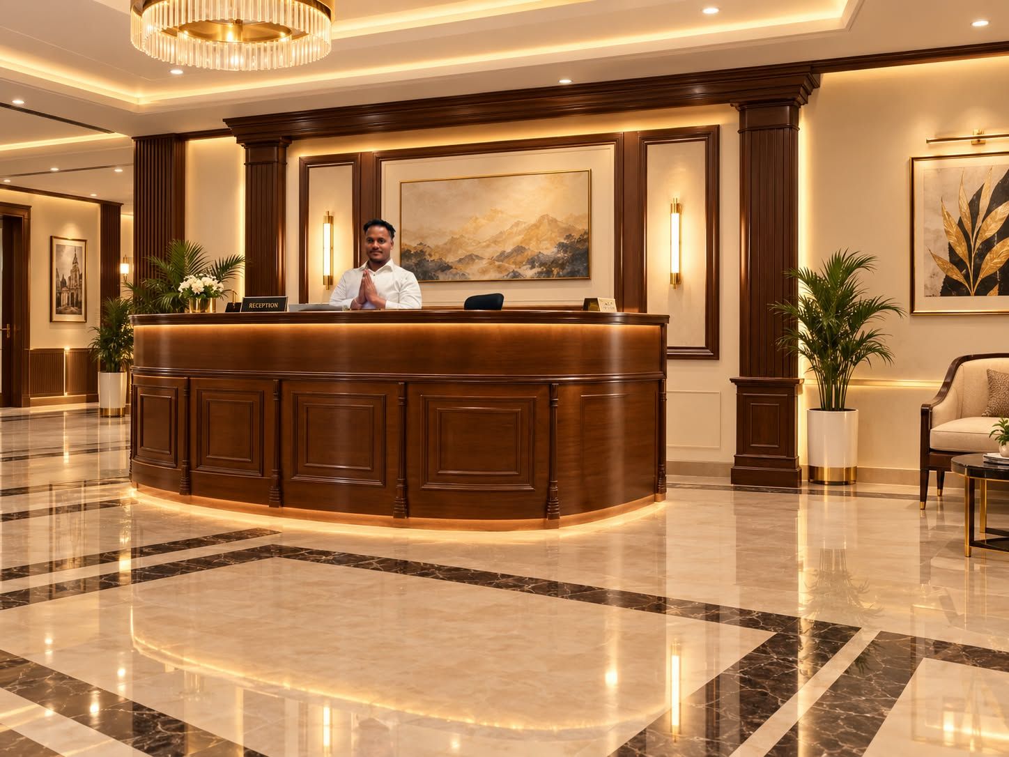 A reception desk with a receptionist, framed artwork on the wall, and a polished marble floor.
