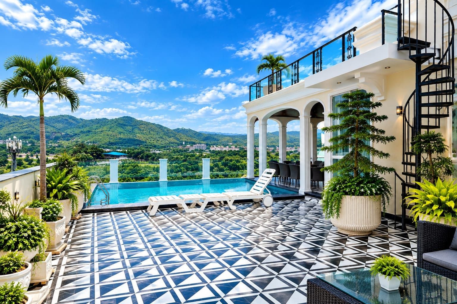 Uma área de piscina no terraço com vista para as montanhas, um espaço de estar coberto e uma escadaria.