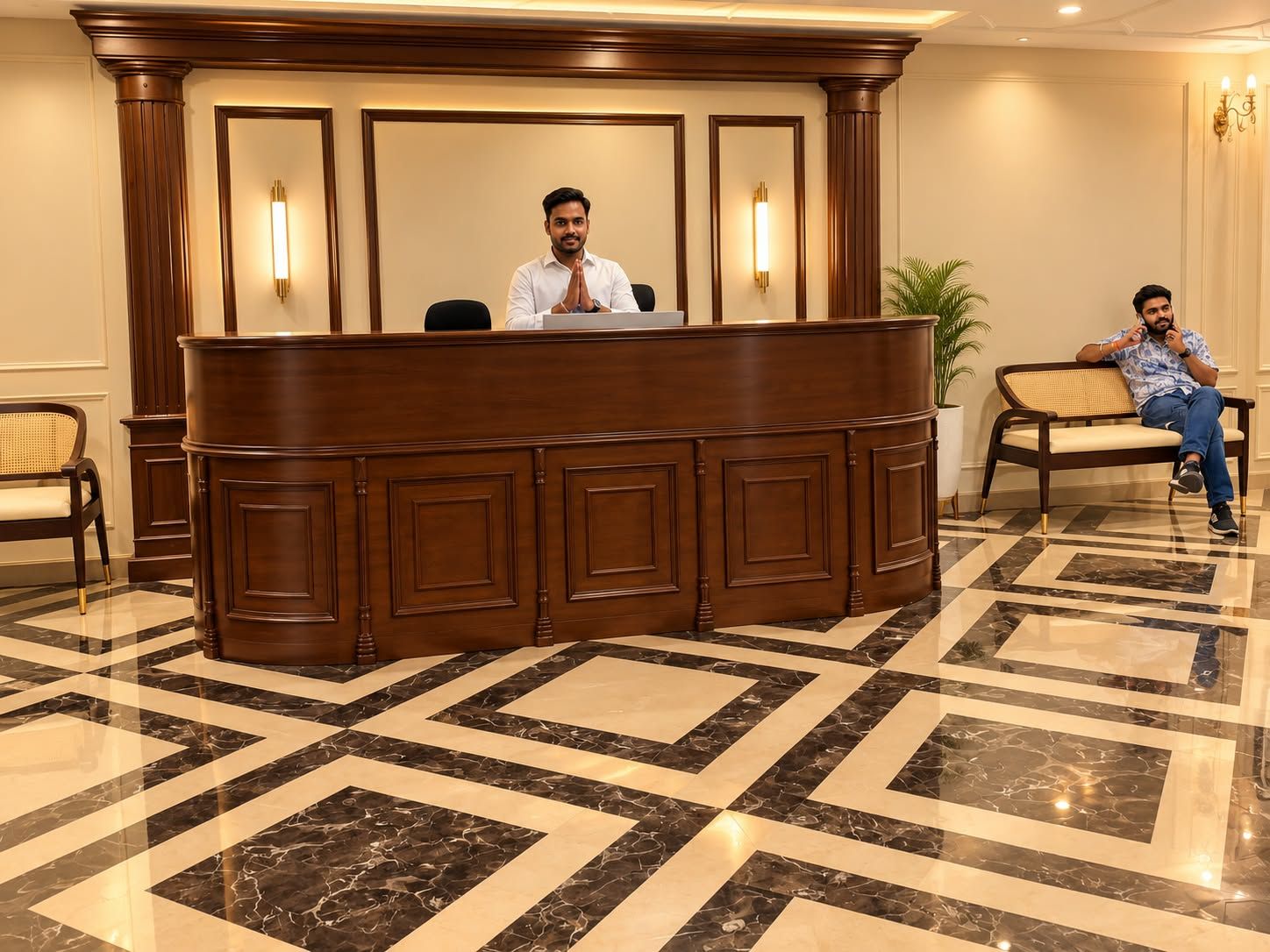 Un mostrador de recepción con un hombre de pie detrás, un banco y una planta en maceta.