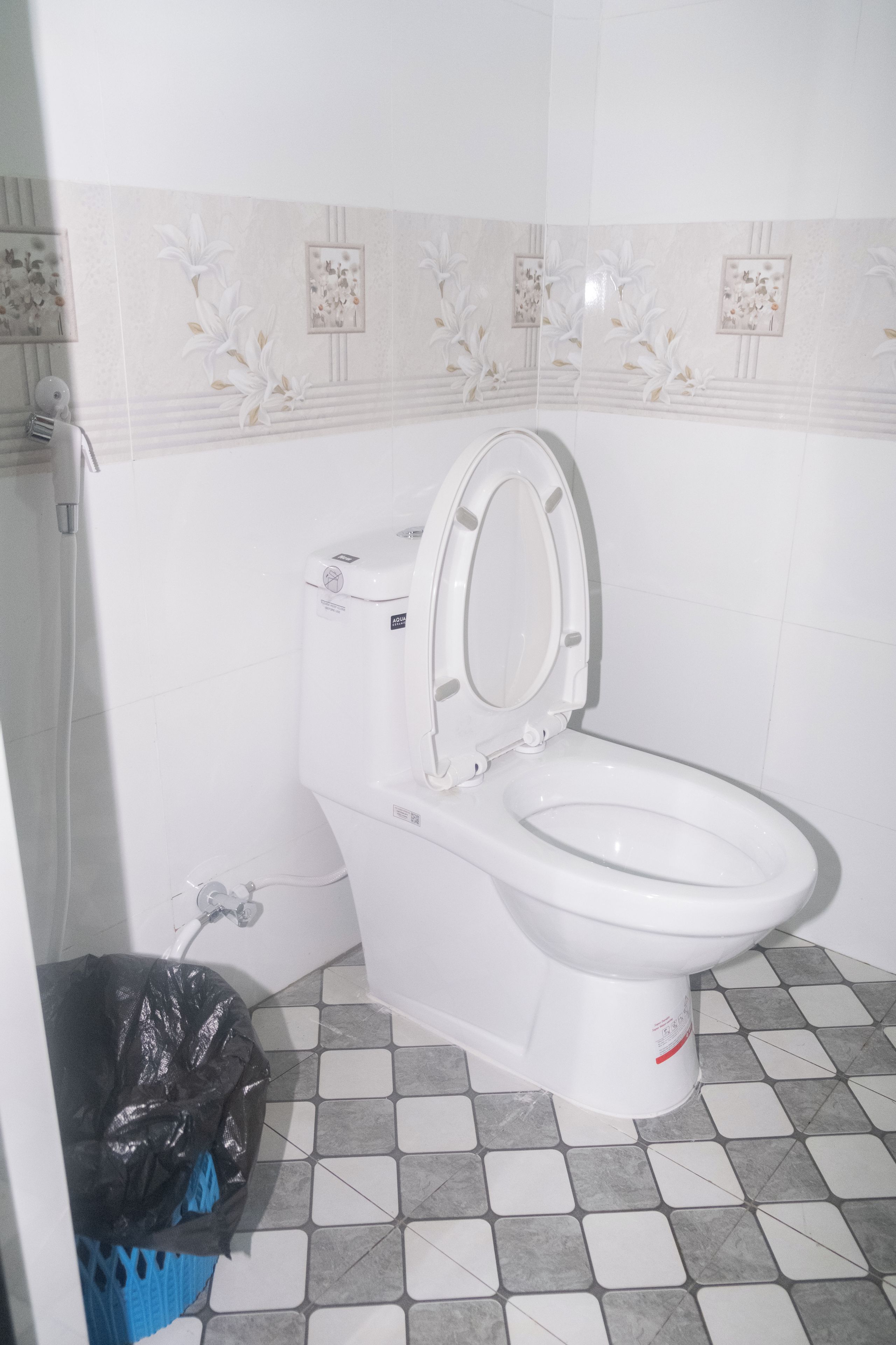 A toilet with a closed lid, a wall-mounted flush handle, and a tiled floor with a geometric pattern.