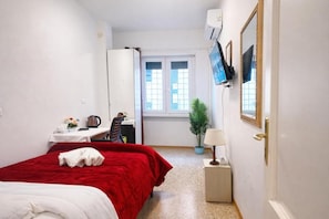 A hotel room with a bed, a desk, a chair, a potted plant, a television, and a window. - NEXT Palace (Roma)