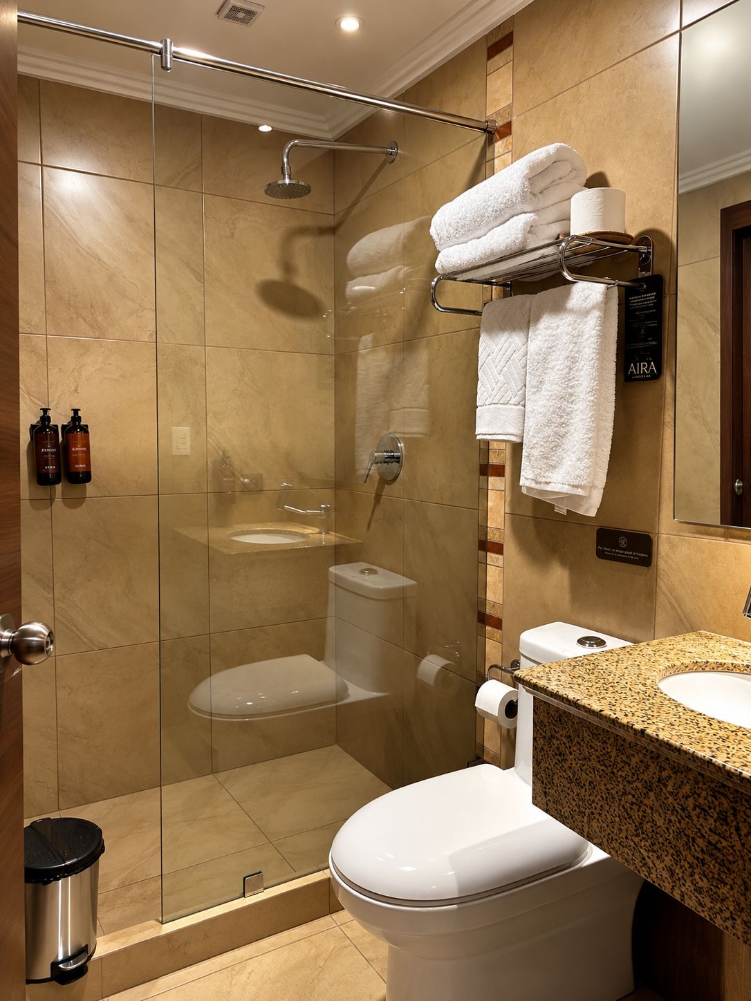 Un baño moderno con ducha envuelta en vidrio, inodoro y lavamanos con encimera de granito.