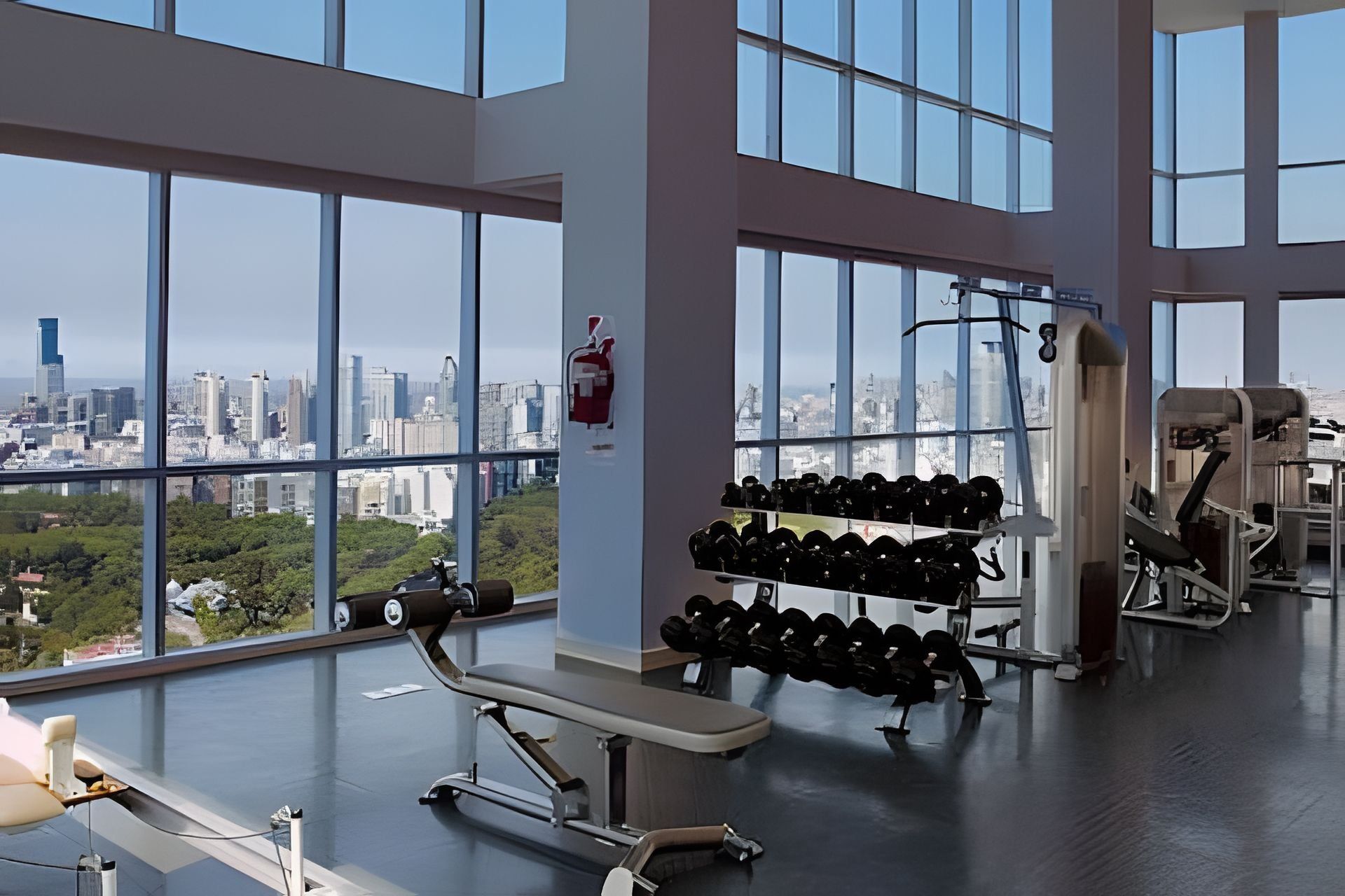 A gym with large windows, weightlifting equipment, and a bench.