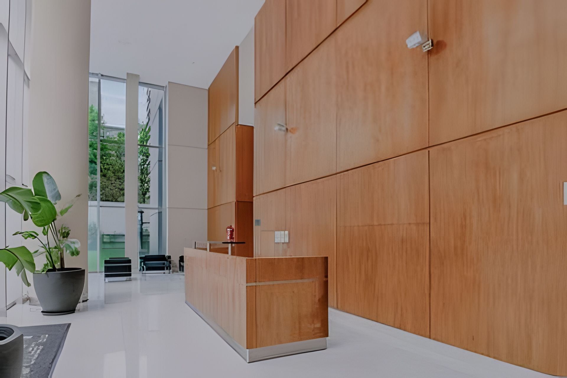Un área de recepción con un mostrador de madera, una planta en maceta y vistas al exterior.