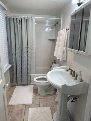 A bathroom with a shower, toilet, sink, and a mirror.