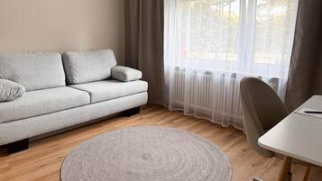 A living room with a sofa, a round rug, a table, and a chair.