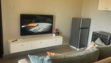 Una sala de estar con televisor de pantalla plana, refrigerador y sofá con cojines.