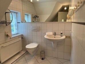 A bathroom with a toilet, sink, and mirror. - Green Eilun House Section 1 (Wyk auf Foehr)
