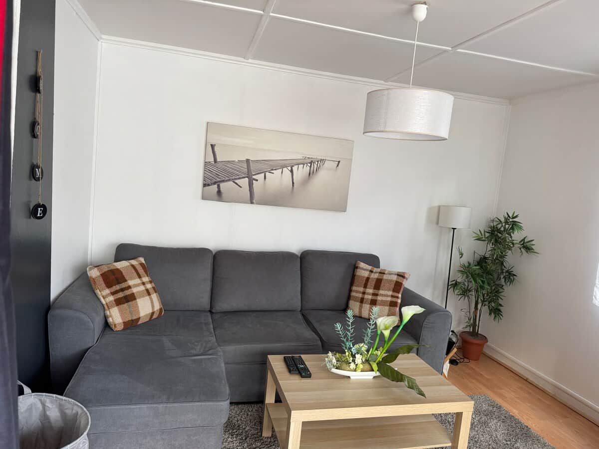 Una sala moderna con un sofá gris, una mesa de centro de madera y un cuadro en la pared.
