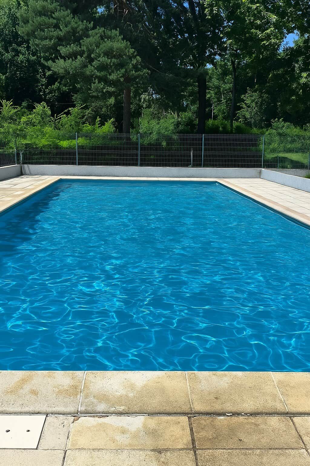 Une piscine rectangulaire à l’eau d’un bleu limpide, entourée d’une terrasse carrelée et d’une clôture en métal.