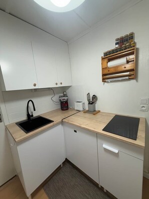 A compact kitchen with a black sink, a coffee maker, a toaster, and a spice rack on the wall.