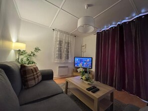 Un salon avec un canapé, une table basse, un téléviseur et une plante.