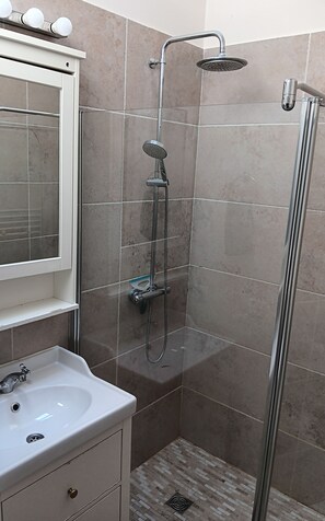 Une salle de bain avec une douche, un lavabo et un miroir.