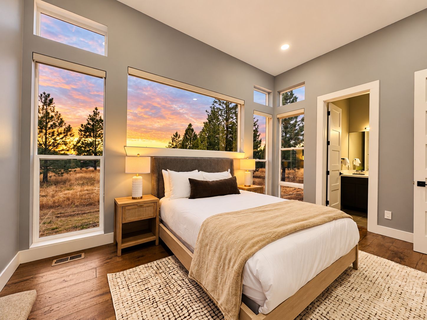 A bedroom with a large bed, a nightstand, a window with a view of trees and a sunset, and a bathroom with a mirror and sink.