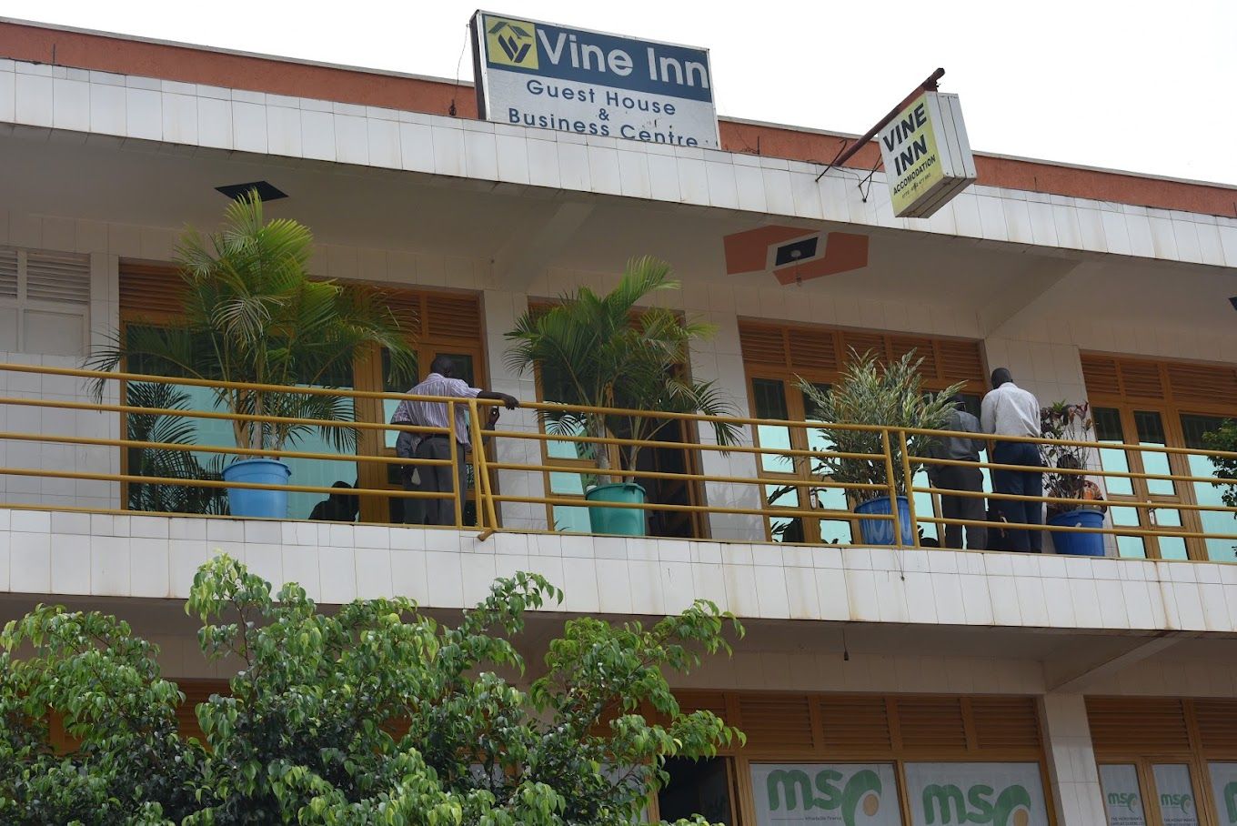 A building with a sign for 'Vine Inn Guest House & Business Centre' and a 'Vine Inn Accommodation' sign.