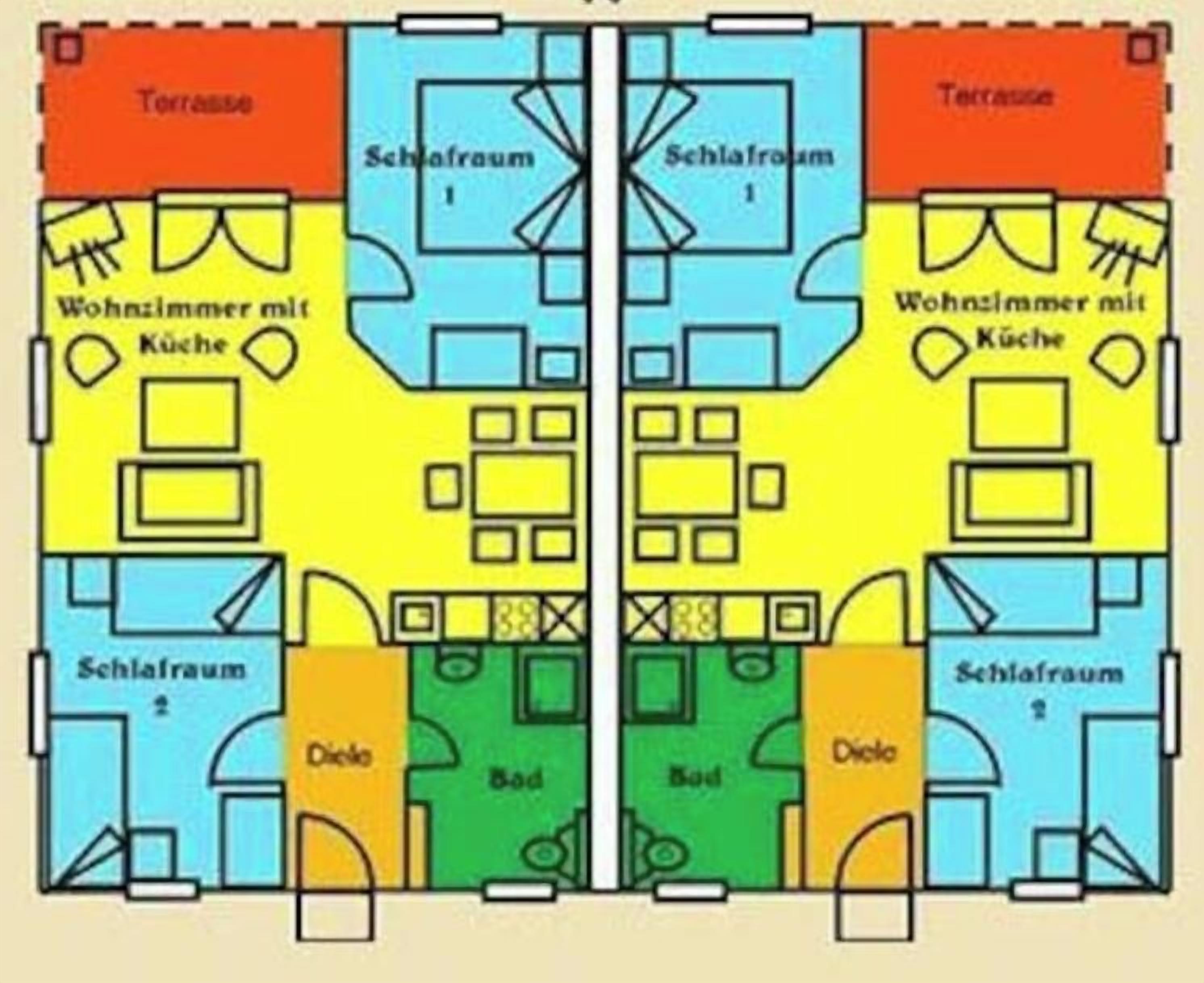 A hotel floor plan with two bedrooms, two bathrooms, a living room, and a dining area.