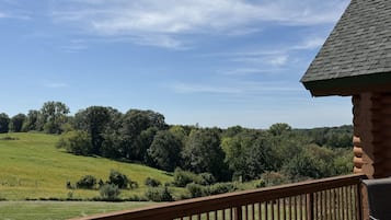 Um deck de madeira com vista para um campo verde e árvores.