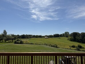 A grassy field with a fenced area, a building in the distance, and a wooden railing in the foreground. - High Country Ranch 4300 sf Log Home, 4 bedrooms (La Crescent)