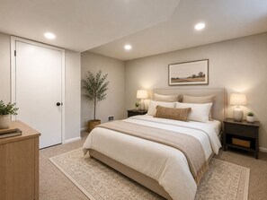 A bedroom with a bed, bedside tables, a nightstand, a potted plant, a framed picture on the wall, and a door. - Luxury Furnished Home - 90 Day Minimum Stay (Lincoln)