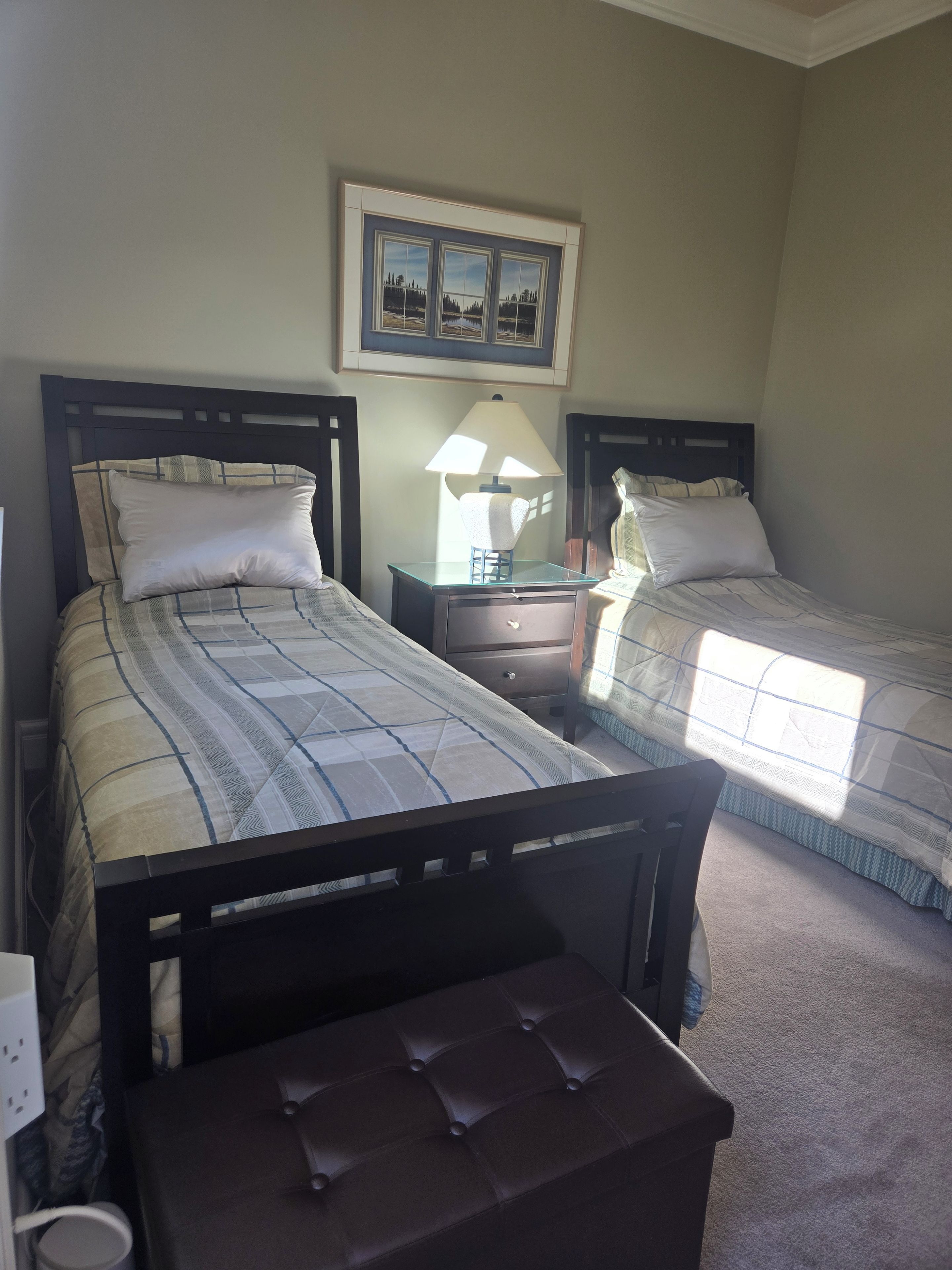 A bedroom with two beds, a nightstand, a lamp, and a framed picture on the wall.