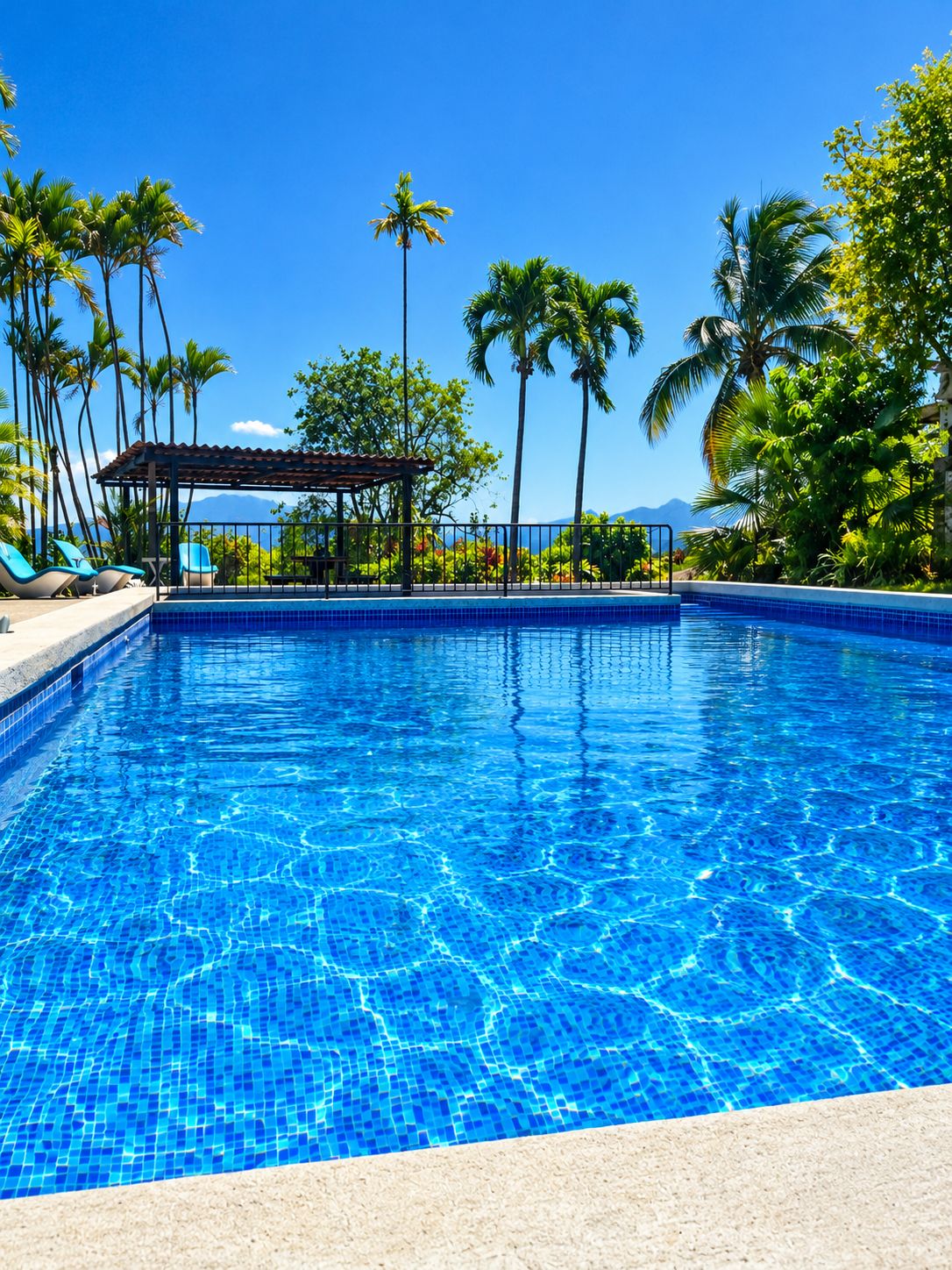 A clear blue pool with a tiled edge, surrounded by palm trees and a covered seating area.
