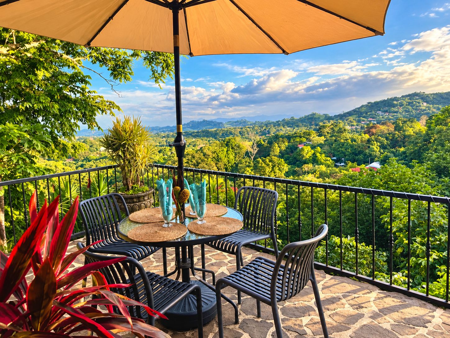 A terrace with a table and chairs, a table umbrella, and a view of a lush landscape.