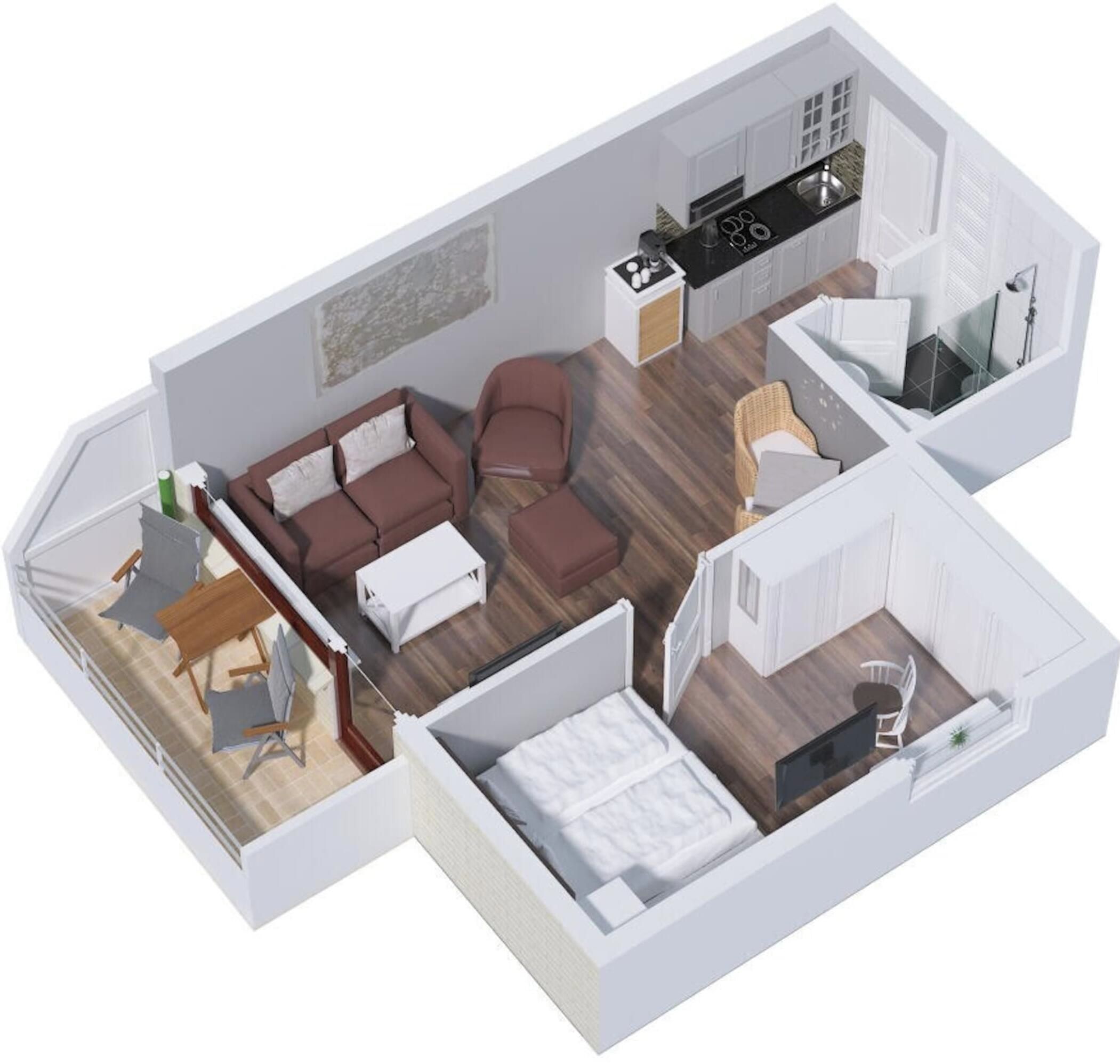 A 3D model of a compact apartment with a living area, kitchenette, and a bedroom.