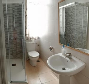 A bathroom with a glass-enclosed shower, a toilet, a sink, and a mirror. - CH Yolanda (Madrid)