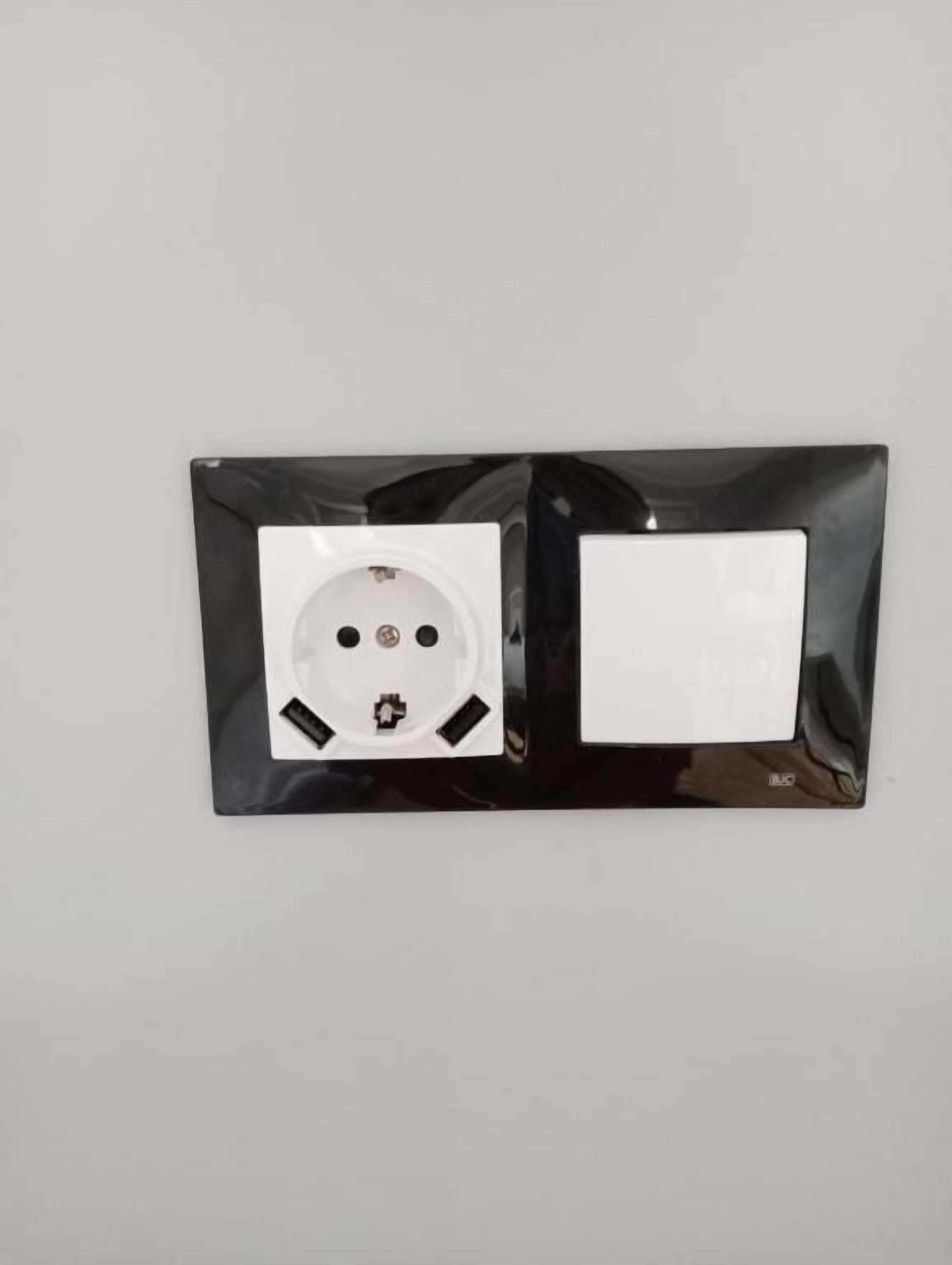 Una presa elettrica nera con due spine inserite.