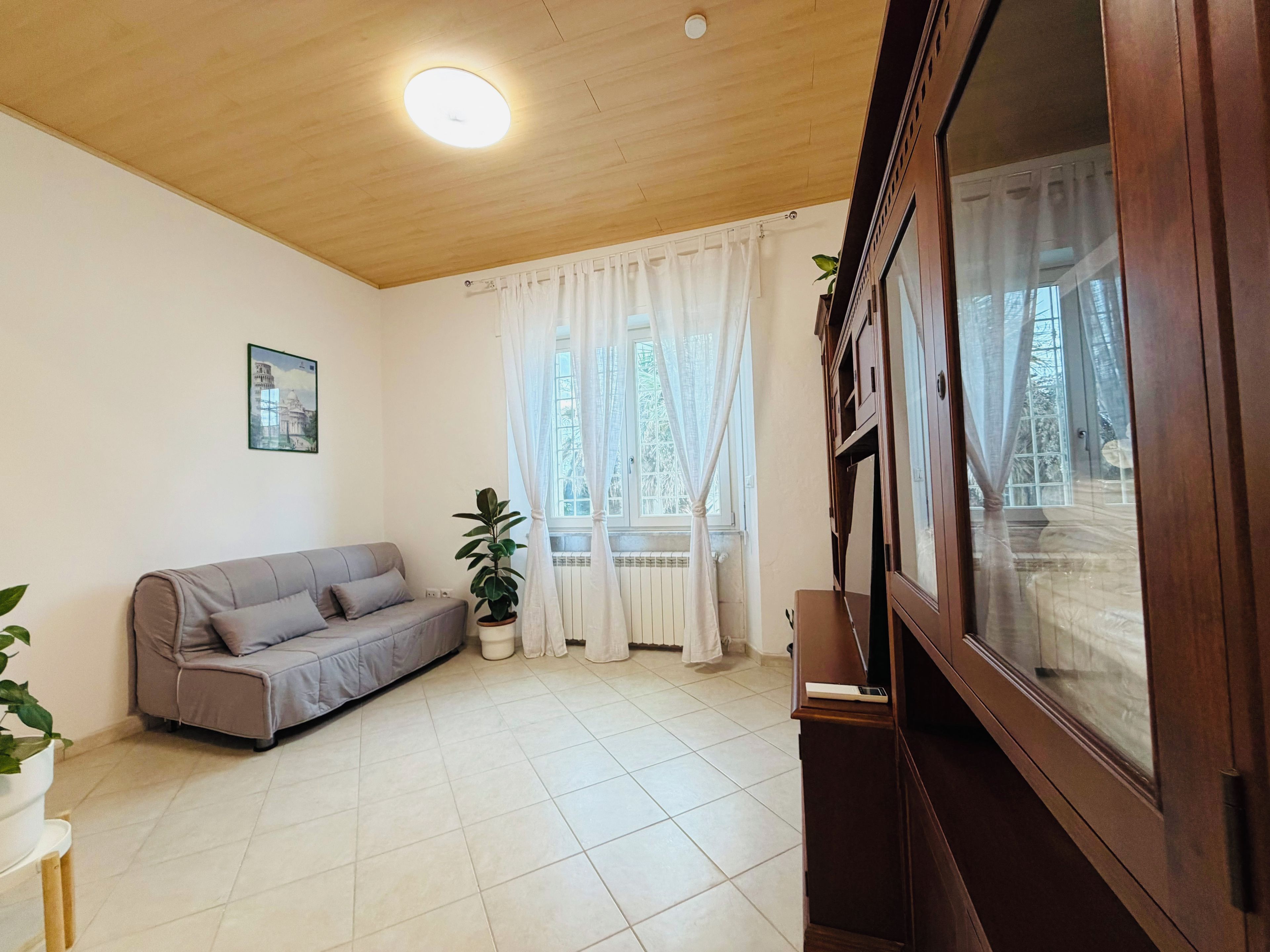 A room with a wooden ceiling, a grey sofa, a potted plant, a window with curtains, and a cabinet.