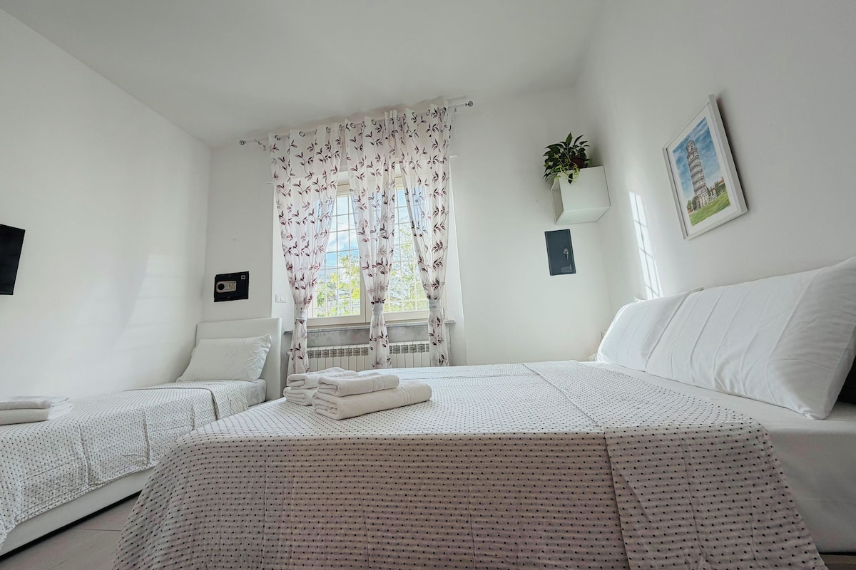 Habitación de hotel con dos camas, una ventana con cortinas florales, una planta en la pared y un cuadro enmarcado.