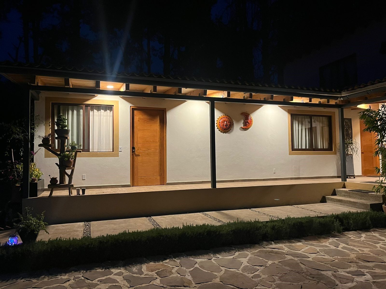A modern house with a stone pathway leading to the entrance, wooden doors, and a small garden area with potted plants.