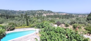 A pool surrounded by lush greenery and a view of a hillside village. - Mythos Luxury  rooftop duplex  apatment with panoramic view (Corfu)
