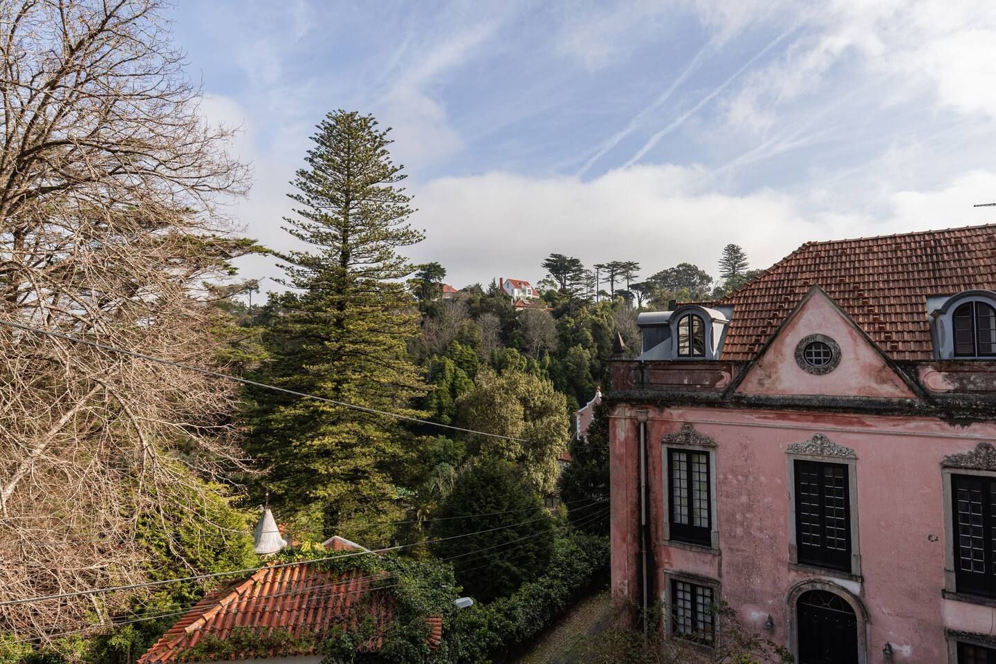 A building with a red-tiled roof, a pink facade, and a large tree in the foreground.